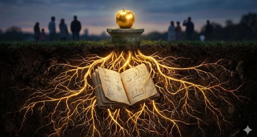 結果主義とプロセス主義の対比：地上にある表層的な結果（黄金のリンゴ）と、地下で上達を支える深い思考の根（ノートと鉛筆による発見の記録）を表現したコンセプト画像。