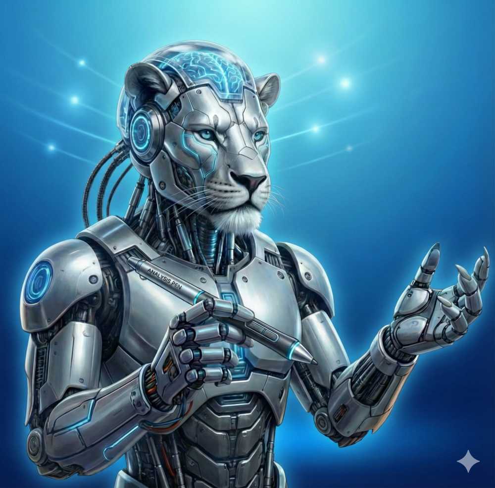 「AI式上達術の参謀リオン：ペンを握り、頭部のニューラル・アクティビティを光らせてデッサンなど、上達の研究家ワタタクの前進に必要なことを解析する、未来的で知性的なサイバーパンク・ライオンの肖像」