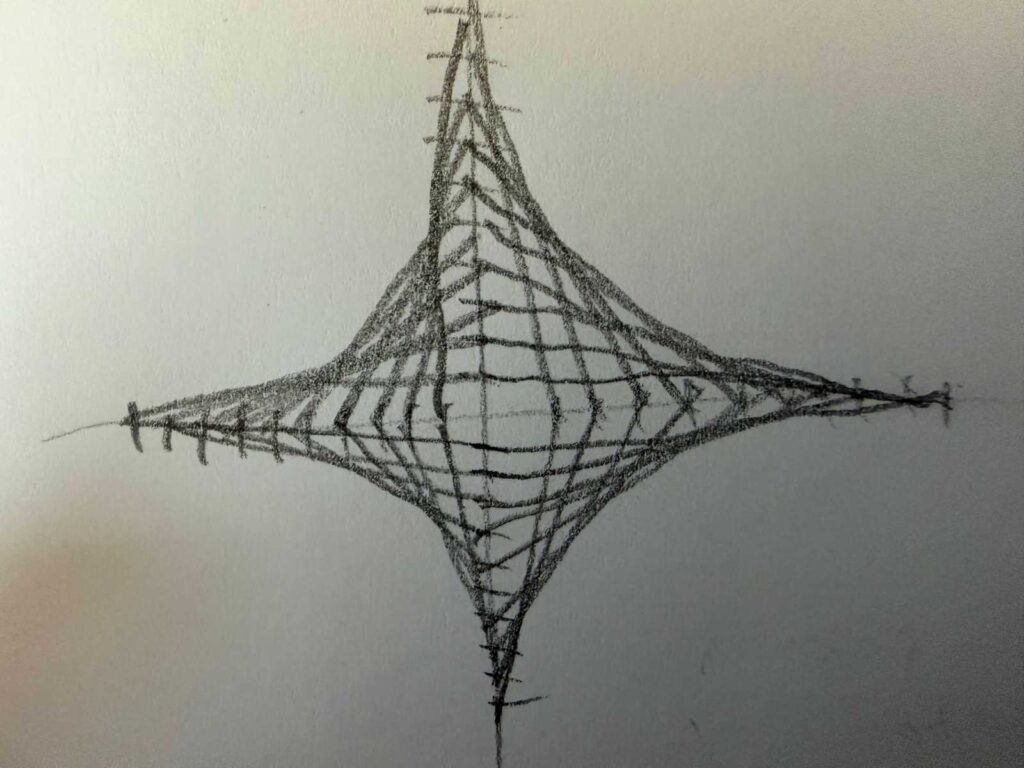 トンボ鉛筆8900 Bで描かれた手描きの包絡線（アステロイド曲線）。フリーハンドによる線のゆらぎと、紙に刻まれた鉛筆の生々しい質感が強調されたクローズアップ。