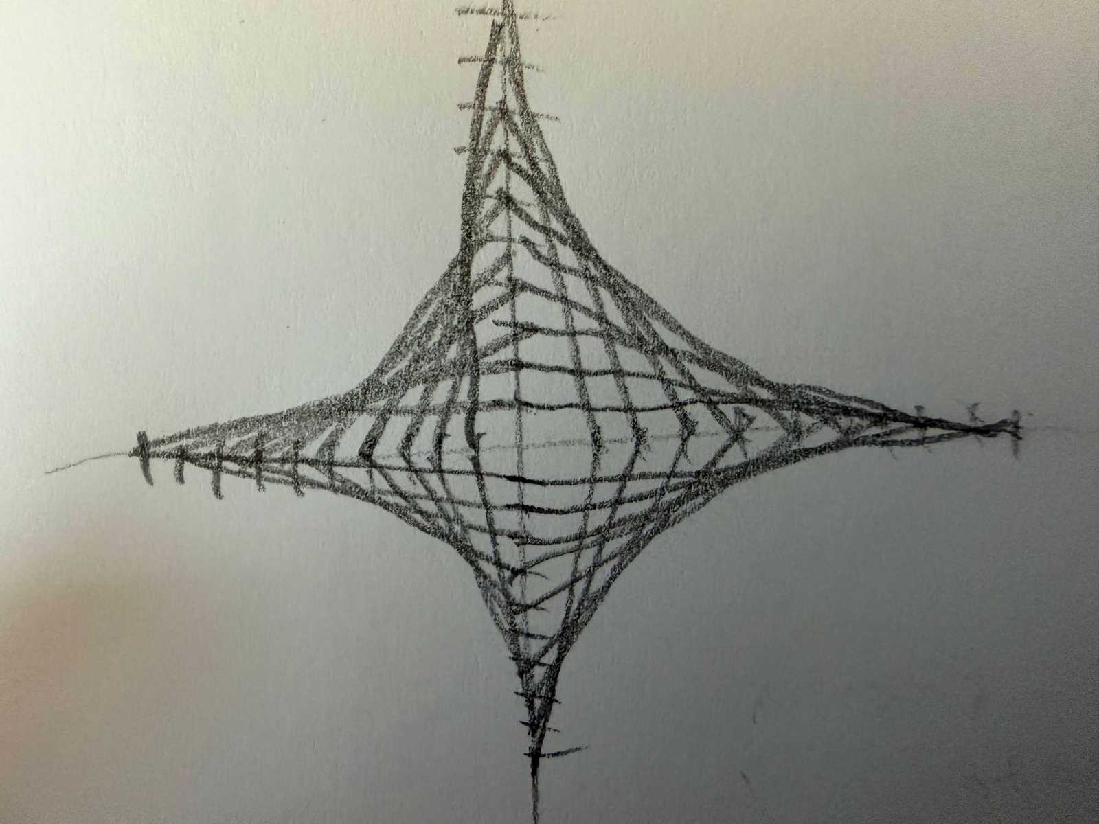 トンボ鉛筆8900 Bで描かれた手描きの包絡線（アステロイド曲線）。フリーハンドによる線のゆらぎと、紙に刻まれた鉛筆の生々しい質感が強調されたクローズアップ。