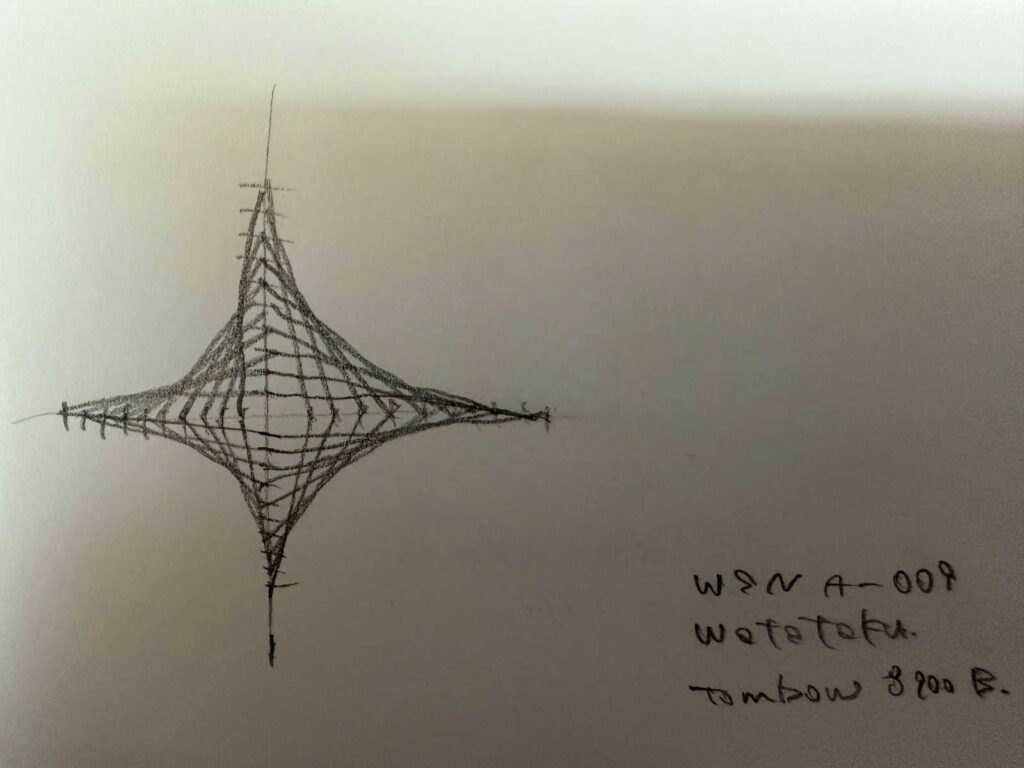 モレスキンノートに記された「WSN A-009」の描画記録。使用ツール（Tombow 8900 B）のメモと共に、定規を使わない表現の試行錯誤が刻まれている。