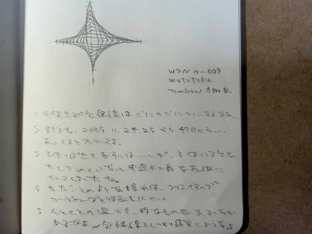 「WSN A-009」の全景。フリーハンドが招く「中途半端さ」への葛藤と、デジタルでは出せない「人間としての温かさ」についての深い考察が綴られたモレスキンのページ。