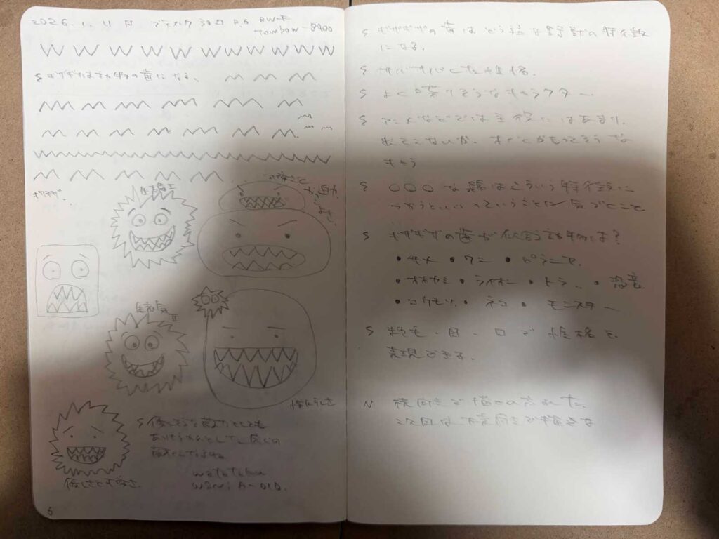 モレスキンに描かれたWSN:A-010。ギザギザの歯を持つ様々なキャラクターの表情研究と、線の法則についての思考ログ。