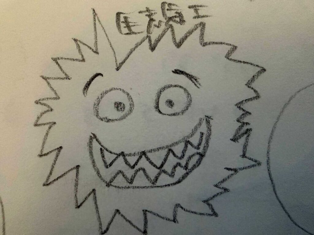 ギザギザの歯を共通項に、目や眉の形で「優しさ」「邪悪さ」「愛嬌」を表現し分けたキャラクターたちのクローズアップ。生意気な雰囲気がある。