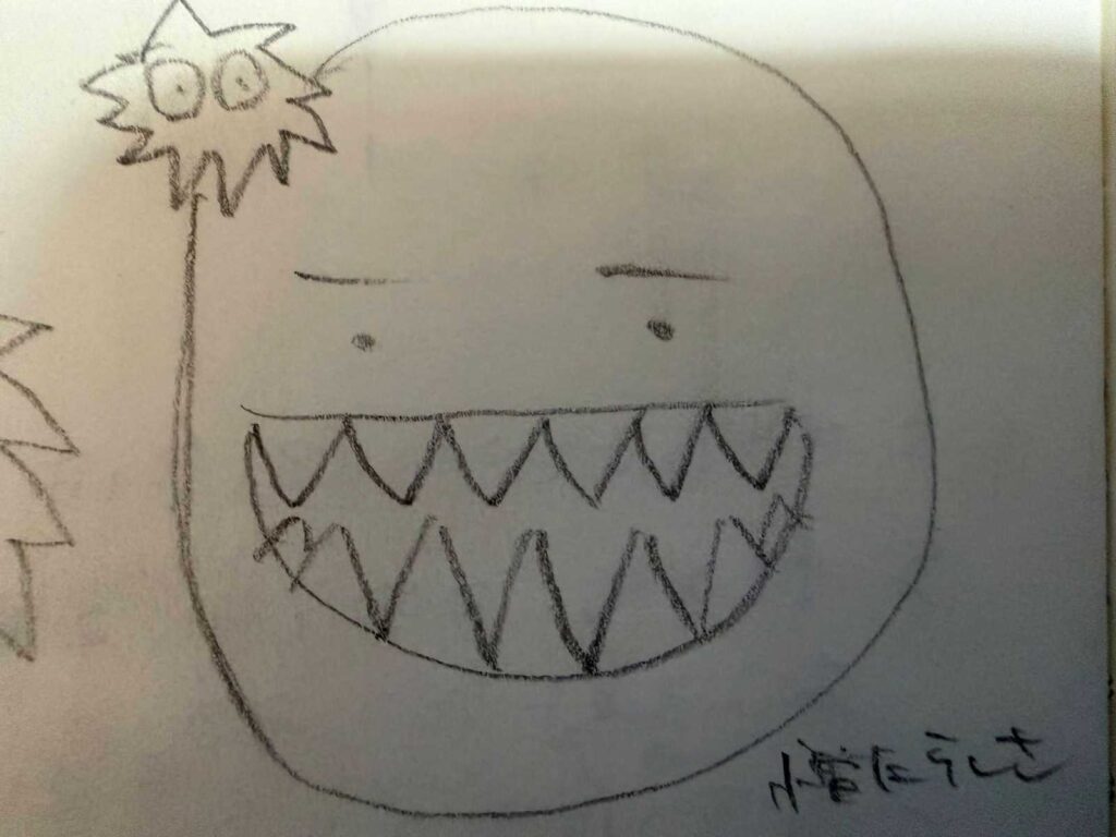 ギザギザの歯を共通項に、目や眉の形で「優しさ」「邪悪さ」「愛嬌」を表現し分けたキャラクターたちのクローズアップ。憎たらしさがある。