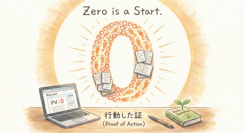 ブログのPV数ゼロを肯定する温かい手描きイラスト。無数の足跡やノートの積み重ねでできた光り輝く大きな「0」と、「Zero is a Start.（行動した証）」というメッセージが描かれています。