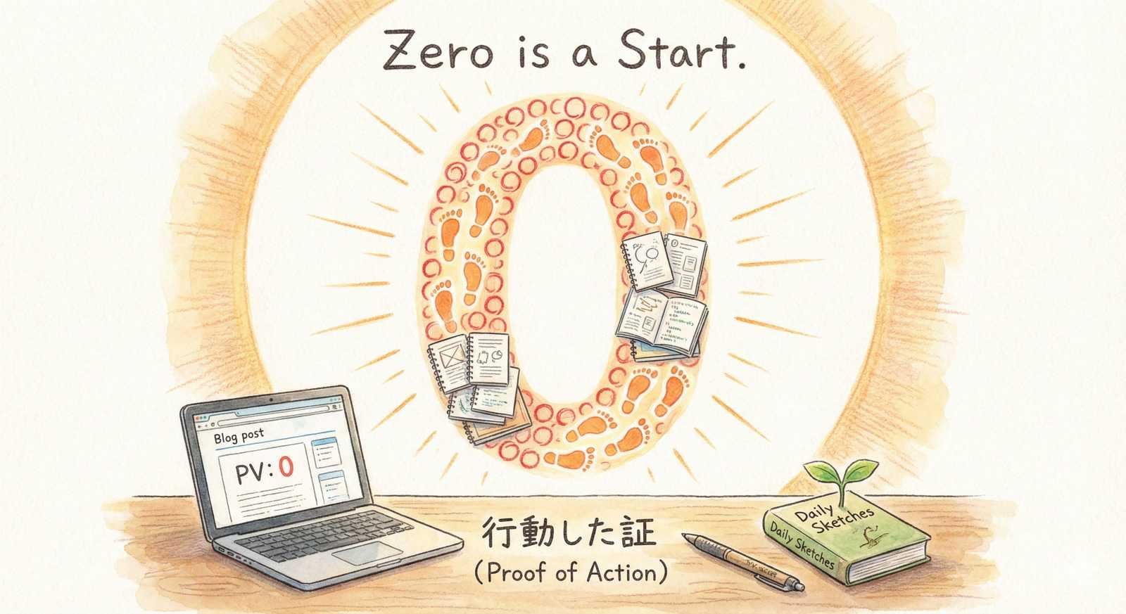 ブログのPV数ゼロを肯定する温かい手描きイラスト。無数の足跡やノートの積み重ねでできた光り輝く大きな「0」と、「Zero is a Start.（行動した証）」というメッセージが描かれています。