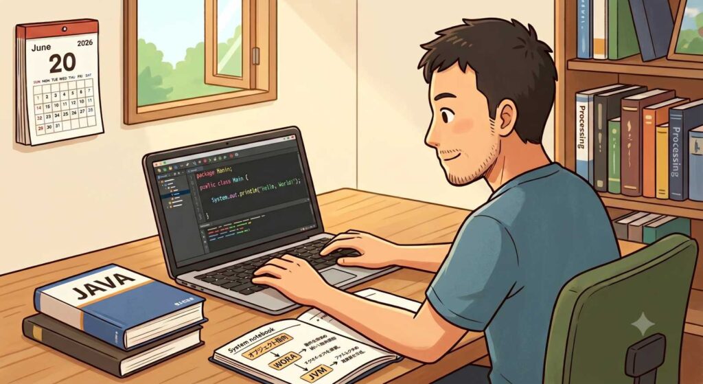デスクでJavaのコードとシステム手帳に向き合い、静かなる情熱を持ってプログラミング学習を進める男性のイラスト。