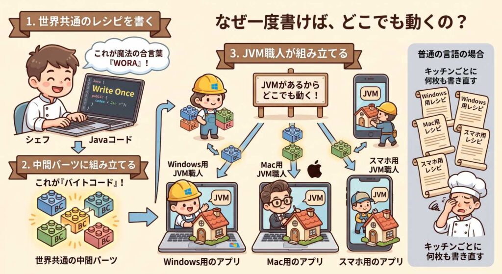 Javaの動作原理を解説する図解。シェフが書いたレシピ（コード）が世界共通の中間パーツ（バイトコード）になり、Windows、Mac、スマホそれぞれのJVM職人によってアプリとして組み立てられる仕組み