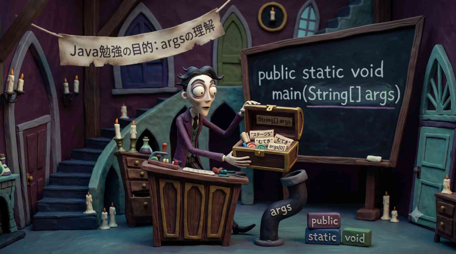 Javaのメインメソッド「public static void main(String[] args)」の構造を、黒板のコードと「args」と書かれた土管、データが入った宝箱を使ってコミカルに図解したアイキャッチ画像