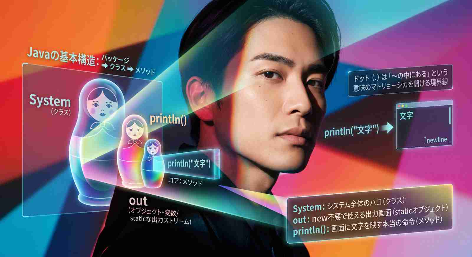 JavaのSystem.out.printlnの構造をマトリョーシカに例えて図解したイメージ画像。System（クラス）、out（オブジェクト・変数）、println（メソッド）の階層関係とドットの意味を解説しています。